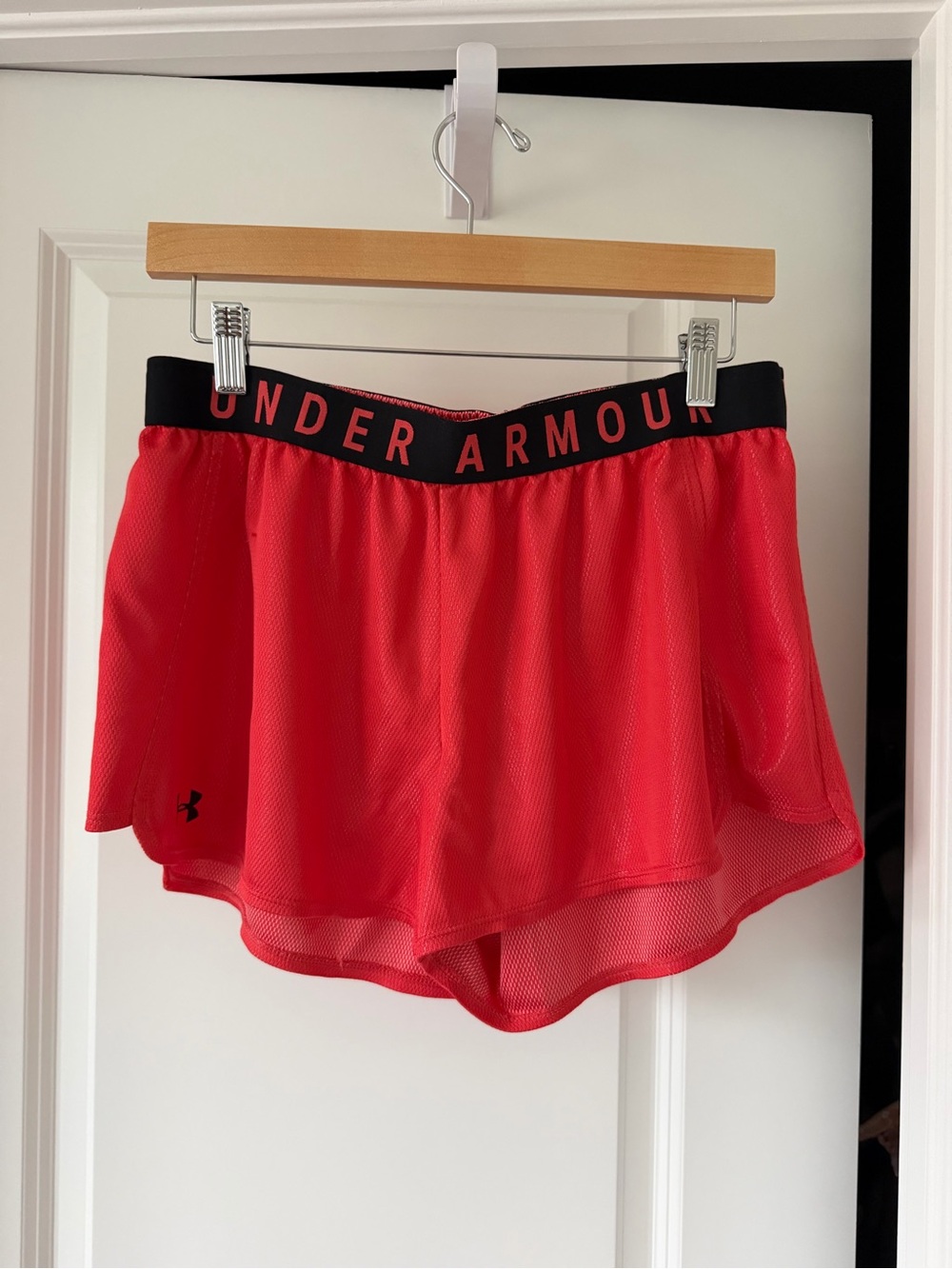 Under Armour Women's Red Mesh Athletic Shorts with Black Waistband